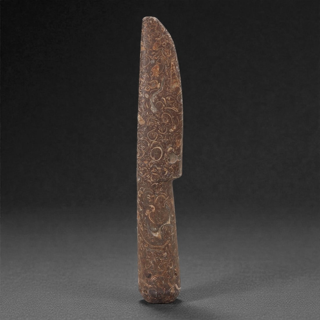 A Sino-Mongolian Fossil Jasper Ritual Knife, 2nd-1st Millennium BCE, 9LR: Carved from dense fossiliferous jasper, the object is shaped as a narrow, tapering blade with a straight handle section and a slight angular transition defined by a shallow lateral notch. The surfaces