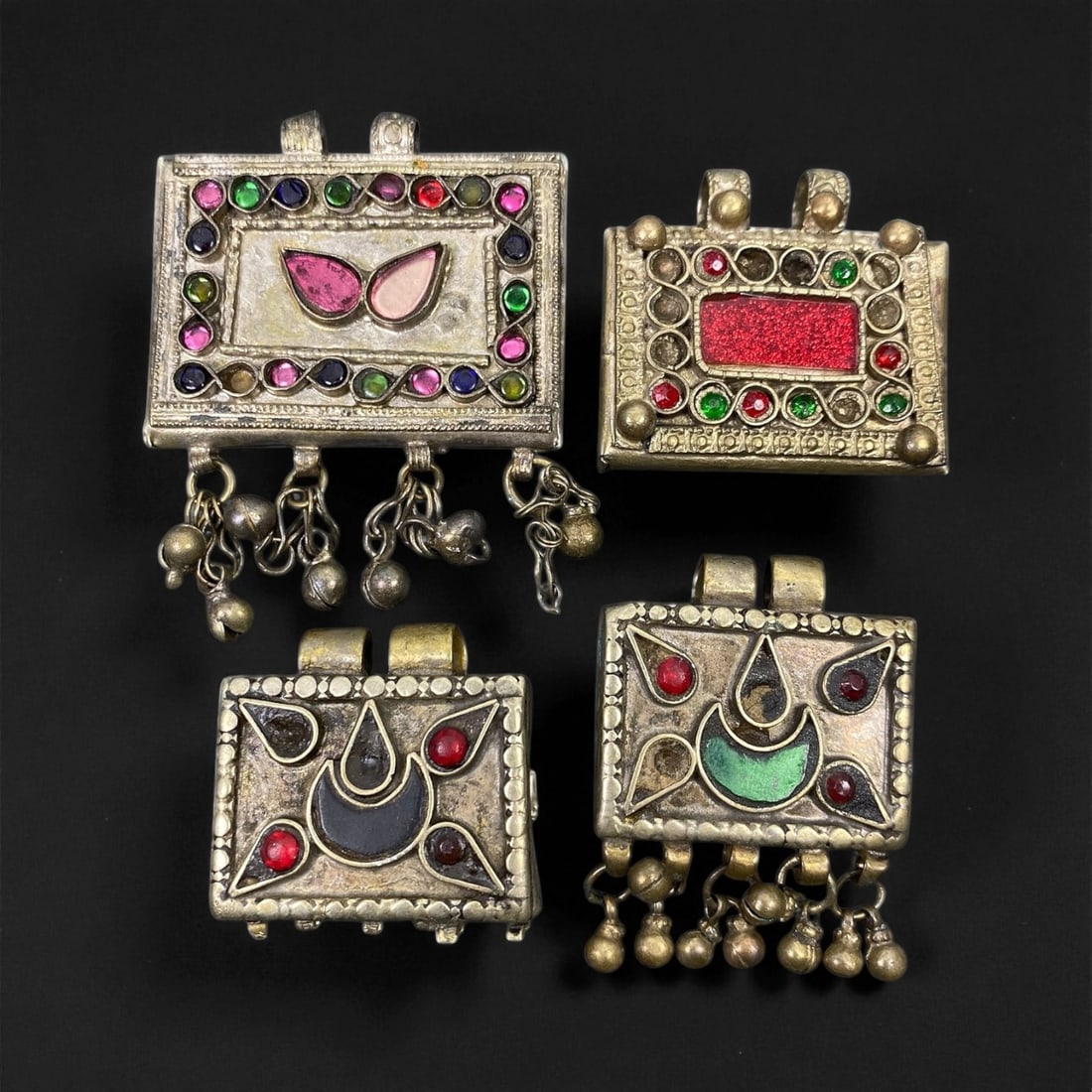 Antique Himalayan Silver Alloy Amulet Box Pendants Set, c. 19th-20th Century, 3.7-5.2 cm, 52EC (1 of 1)