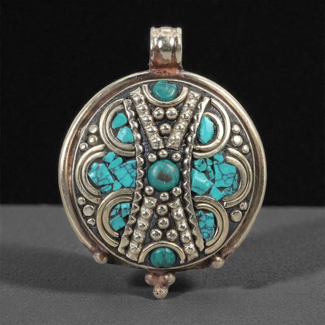 Himalayan Style Silver Pendant - Turquoise Inlay Amulet, 19LS (1 of 2)