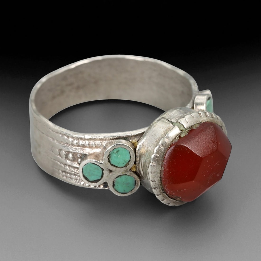 Antique Central Asian Carnelian and Turquoise Silver Ring, c. 19th-20th Century, US 12, 31BA (1 of 3)