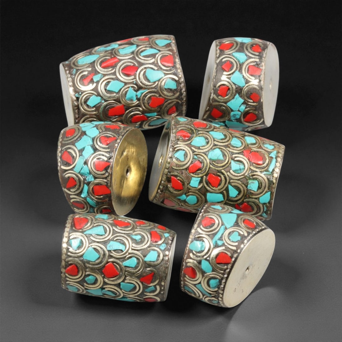 Vintage Himalayan Turquoise and Coral Inlaid Brass Drum Beads, c. Mid-20th Century, 2-4cm, 58EF (1 of 1)