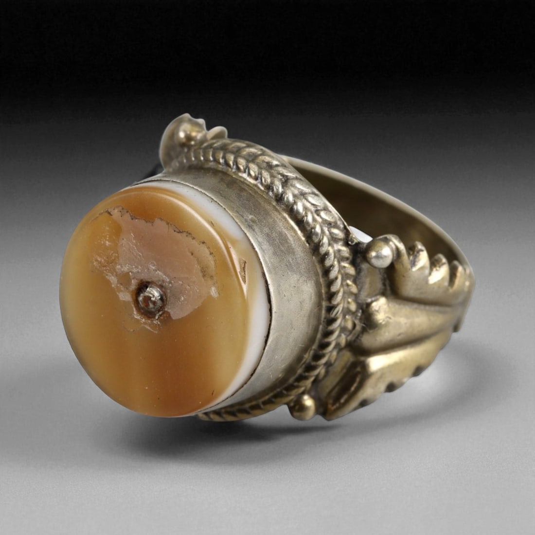 Ottoman Foliate Mount Banded Agate Signet-Style Silver Ring, c. 19th Century, US Size 8.25, 8g, 66Y (1 of 3)