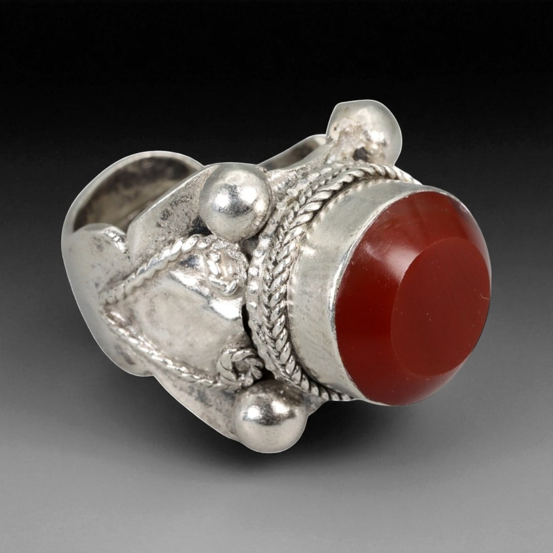 Antique Persian Carnelian Cabochon Silver Ring, c. 19th-20th Century, US Size 8.5, 36BA (1 of 3)