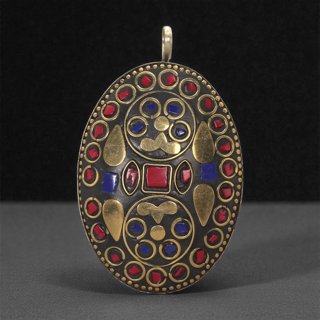 Himalayan Style Brass Pendant - Coral Lapis Oval, 66XF (1 of 2)