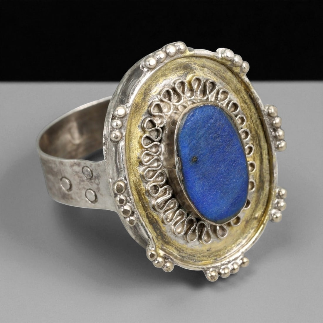 Antique Central Asian Lapis Lazuli Gilt Silver Tribal Ring, c. 19th-20th Century, US Size 7.5, 40BA (1 of 3)