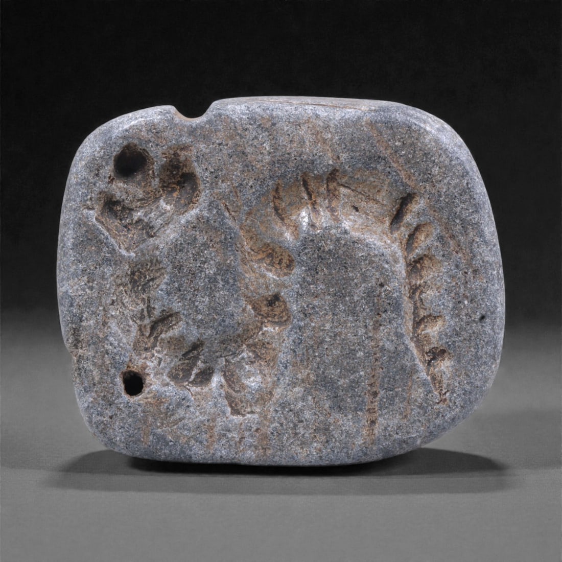 A Sumerian Schist Amulet, 3rd Millennium BCE, 98D: Carved from dark gray schist with a coarse-grained surface and visible areas of wear, the amulet is rectangular with softly rounded edges. One face is worked in low relief with a schematic animal figu