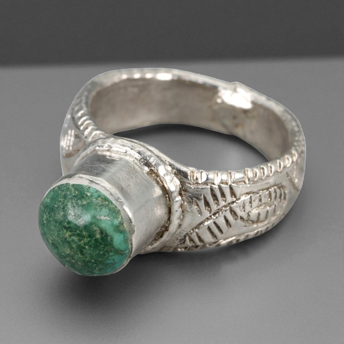 Antique Central Asian Turquoise Silver Engraved Ring, c. 19th-20th Century, US Size 9, 53BA (1 of 3)