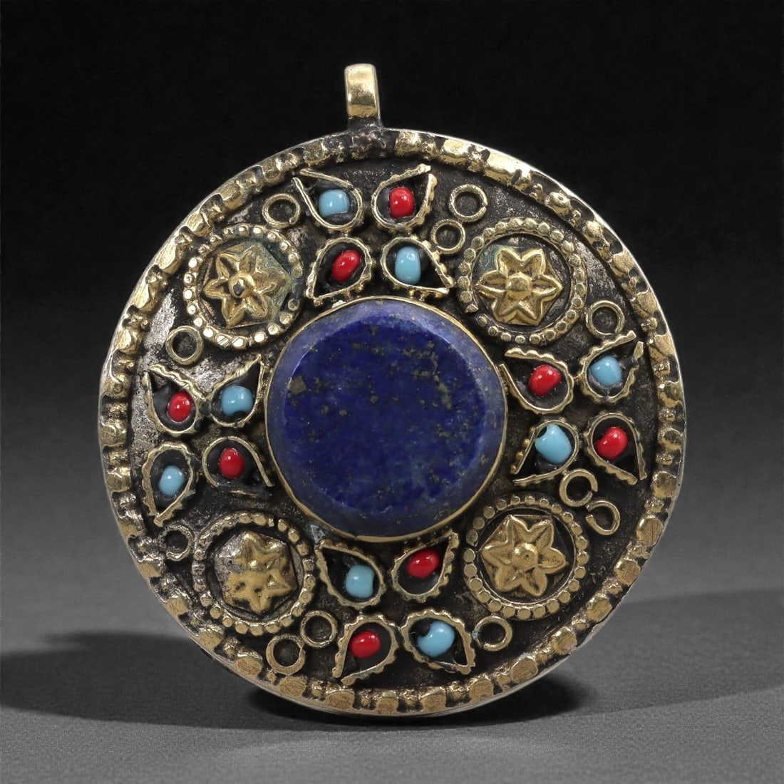 Buddhist Metal Pendant - Inlaid Lapis, Coral, and Turquoise Round Medallion, 52ZC (1 of 2)