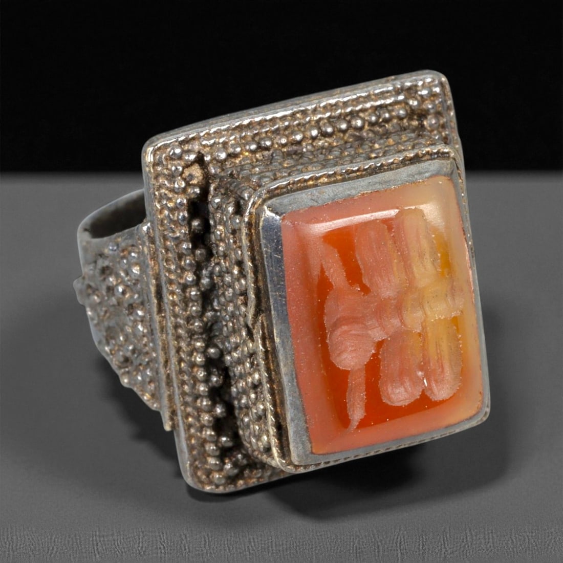 Antique Persian Carnelian Intaglio Square Silver Ring, c. 19th-20th Century, 8 US, 12g, 58EQ (1 of 3)