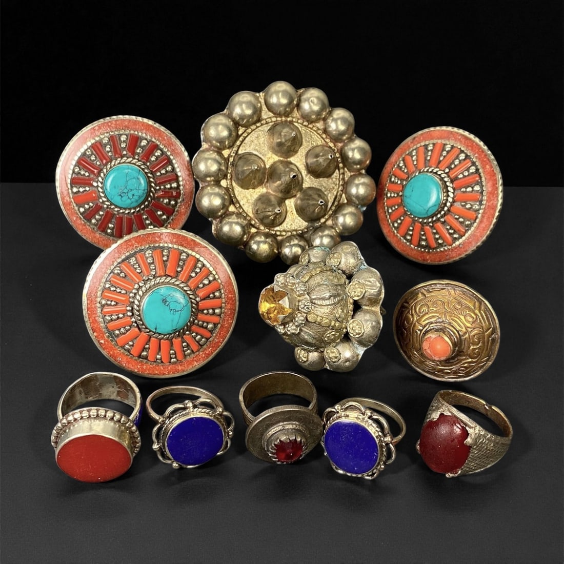 Vintage Himalayan and Central Asian Silver Gemstone Rings, c. 20th Century, US Size 6.5-8.5, 74EP: This vibrant collection of vintage silver rings originates from the Himalayan and Central Asian regions, crafted during the 20th century. Each piece showcases the dynamic cultural artistry of traditio