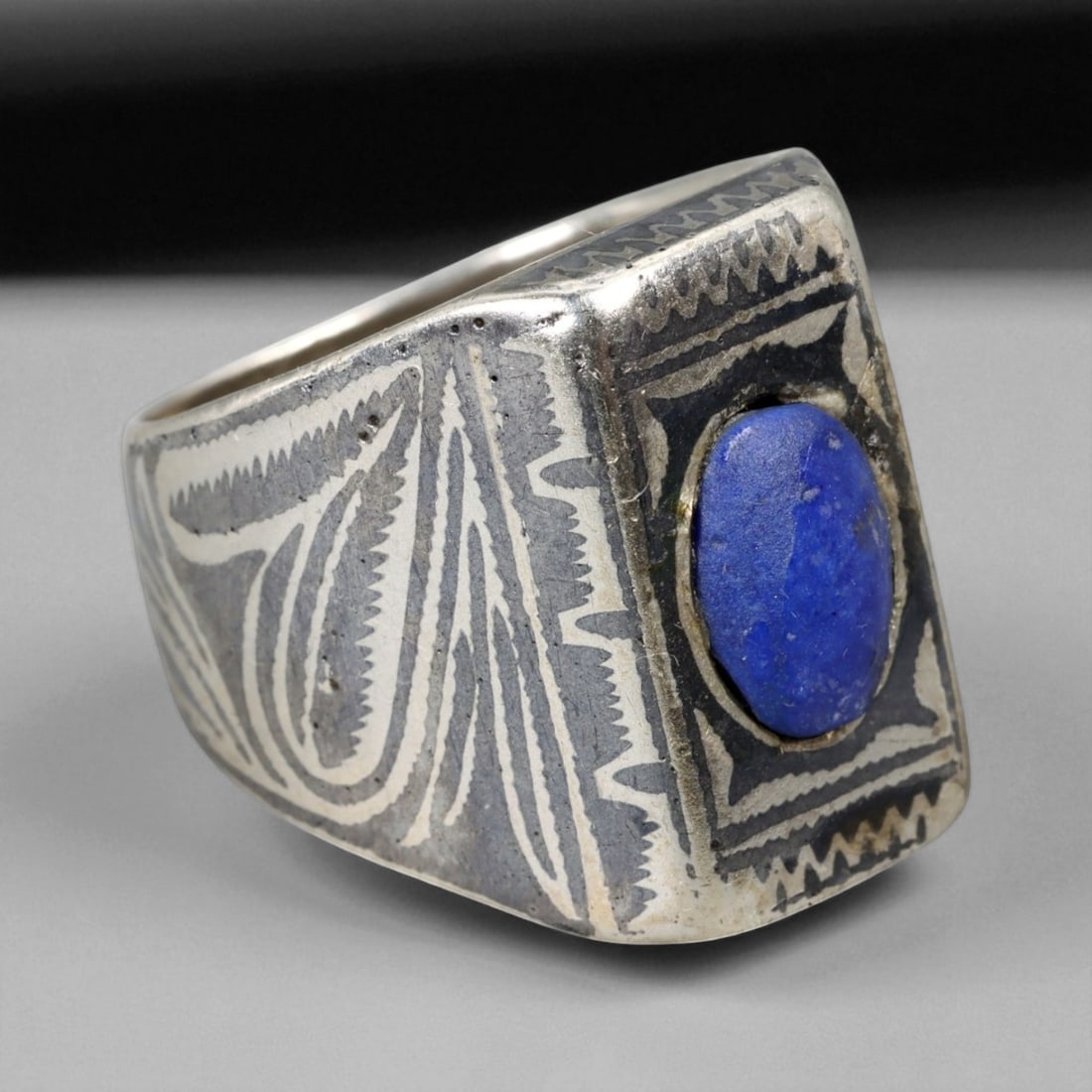 Antique Persian Tribal Lapis Lazuli Engraved Silver Ring, c. 19th-20th Century, US 8.75, 74BA (1 of 3)
