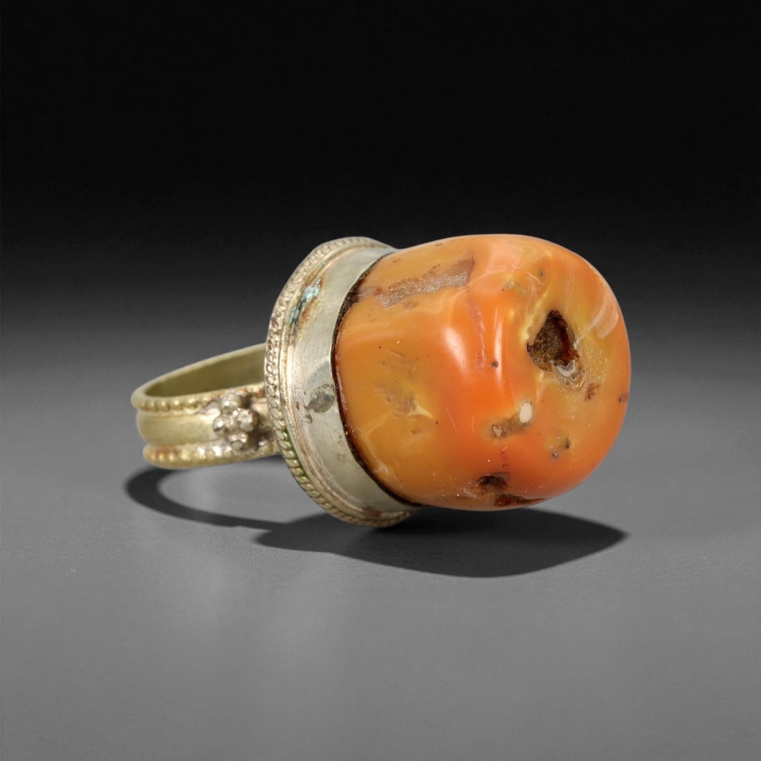 Antique Tibetan Coral Silver Ring, c. 18th-19th Century, US Size 10, 71EK (1 of 3)