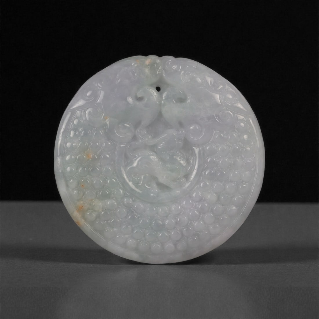 Chinese Jade Pendant - Twin Birds Medallion, 70G: Carved from pale translucent jade with a softly polished surface, this circular pendant is worked in low relief and pierced near the upper edge for suspension. The composition features a pair of styli