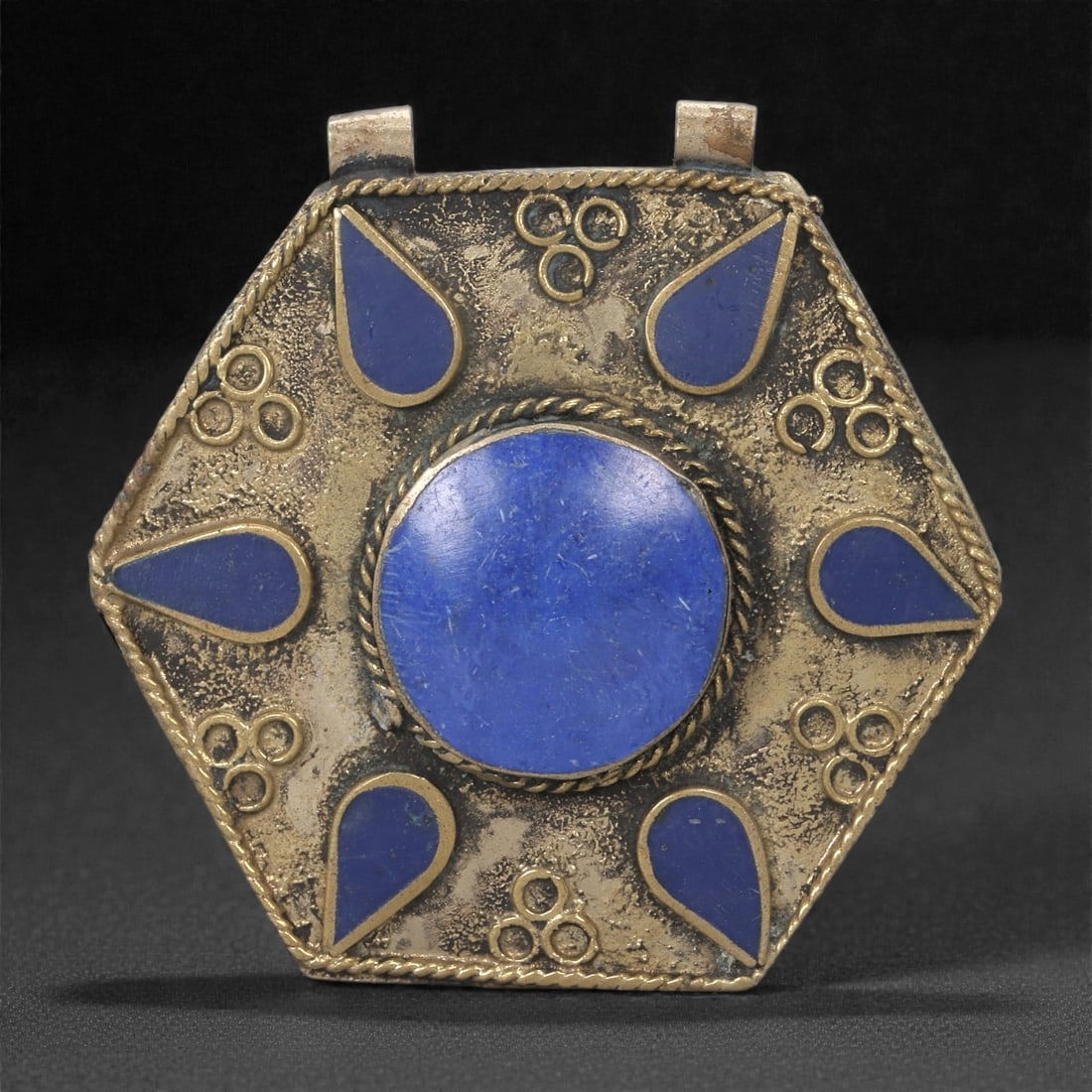 Himalayan Style Brass Pendant - Lapis Inlay Hexagonal, 3XF (1 of 2)