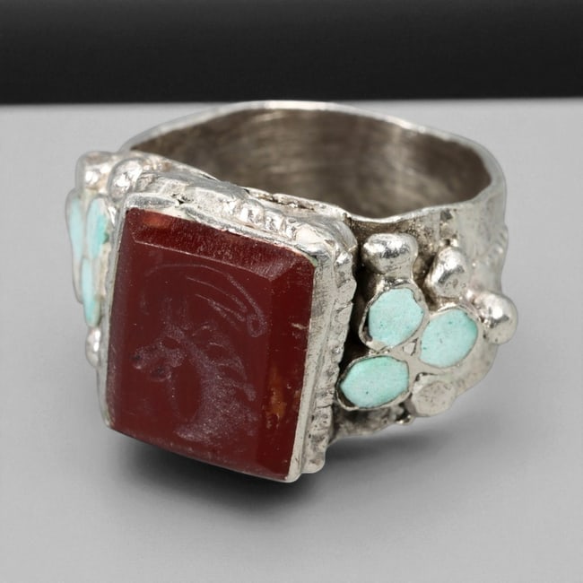 Antique Central Asian Carnelian Intaglio and Turquoise Silver Ring, c. 19th-20th Century, US 6, 39BA (1 of 3)