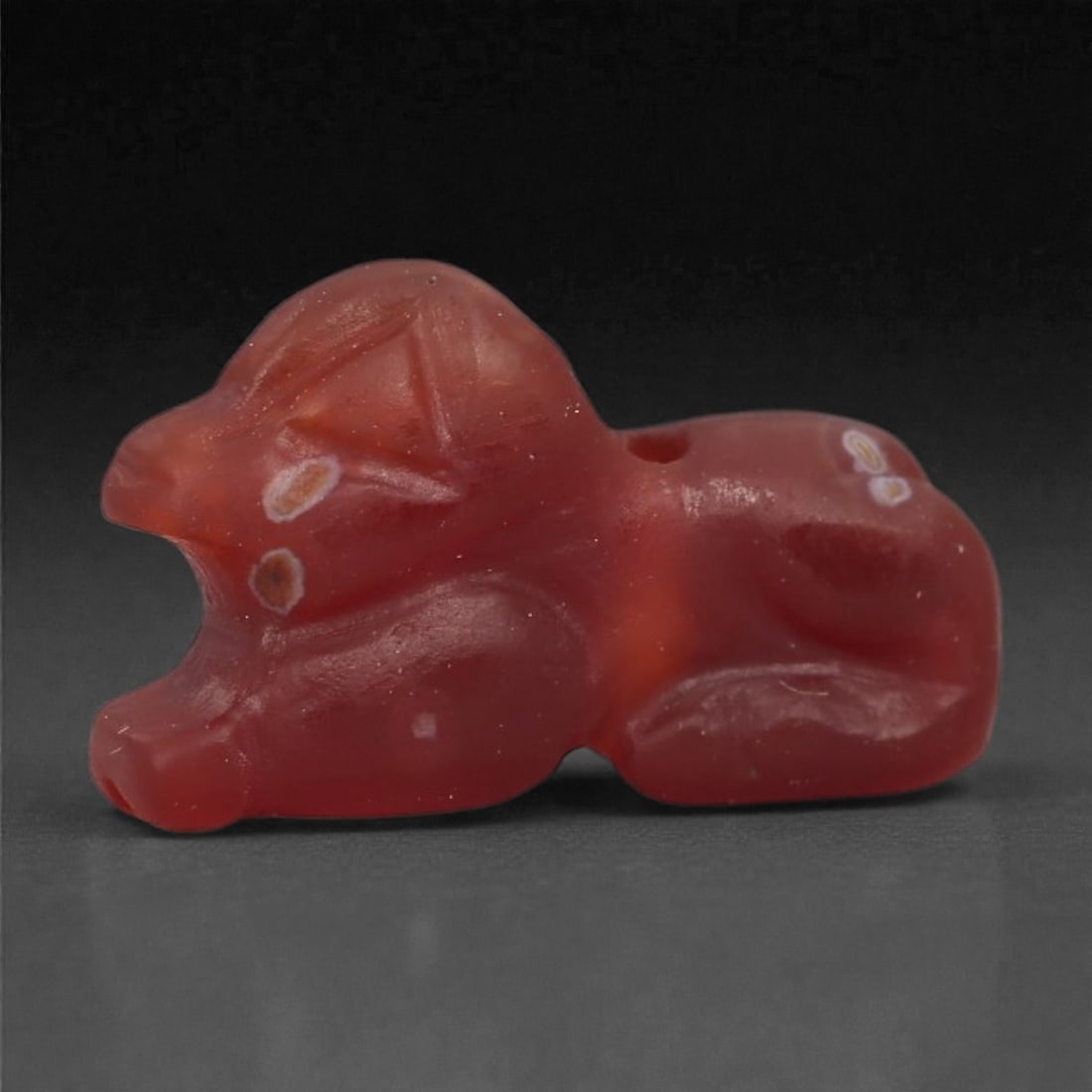 A Near Eastern Carnelian Feline Amulet, 1st Millennium BCE, 32A: Carved from opaque red carnelian, the amulet depicts a small recumbent feline with the forelegs extended, hindquarters tucked beneath the body, and the head raised. The facial features are indicated b
