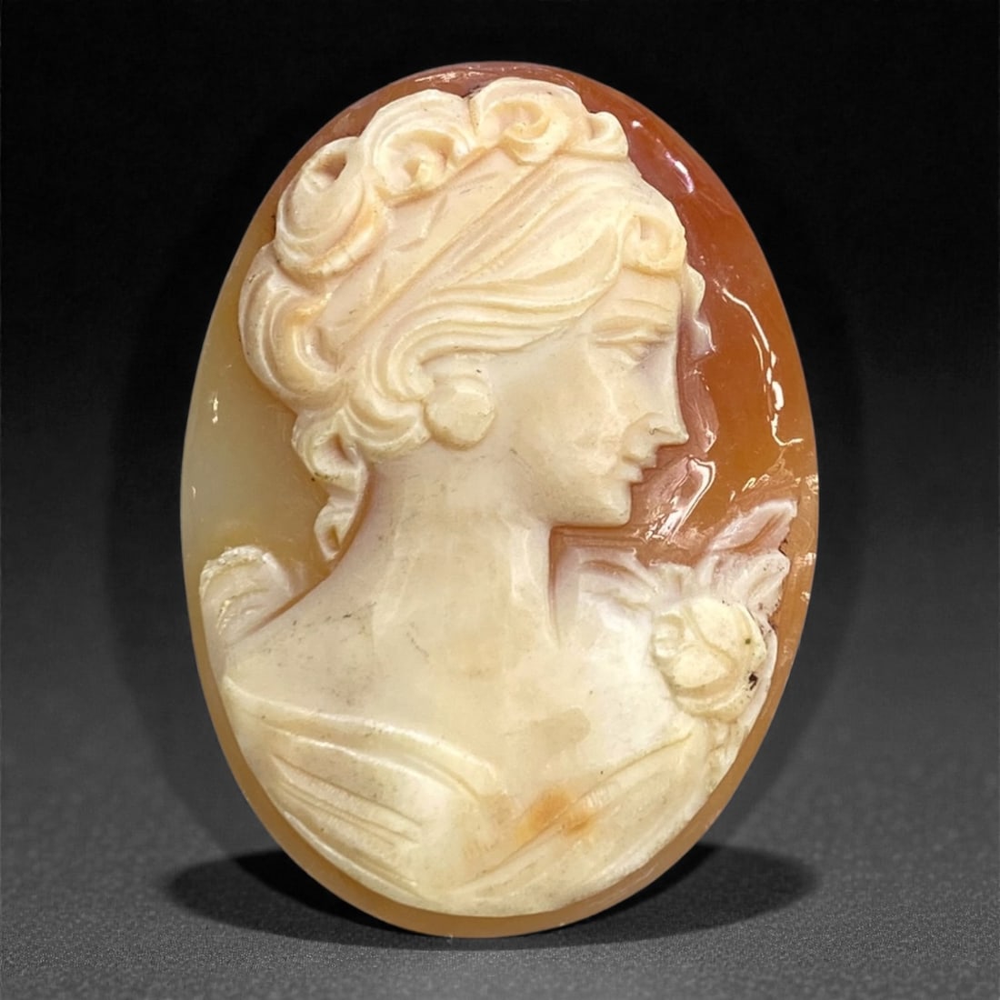 A European Shell Cameo, 20th Century, 6g, 53BB: Carved from layered shell with a pale white upper stratum set against a warm brown ground, the cameo is oval in form and carved in relief with a right-facing female bust. The subject is depicted in cl