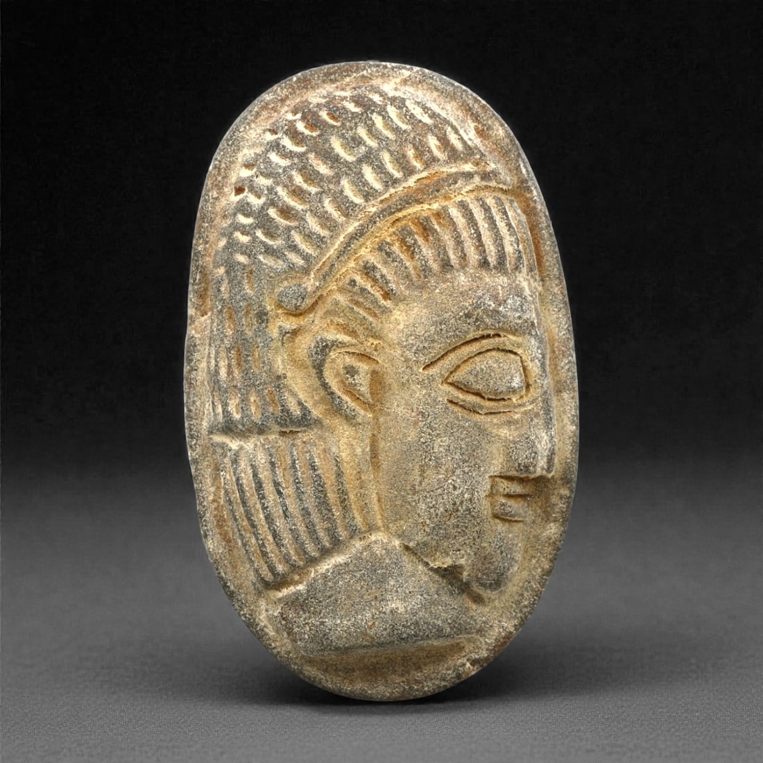 A Neo-Sumerian Steatite Carved Human Head Plaque, Circa 2100-2000 BCE, 88ET (1 of 2)