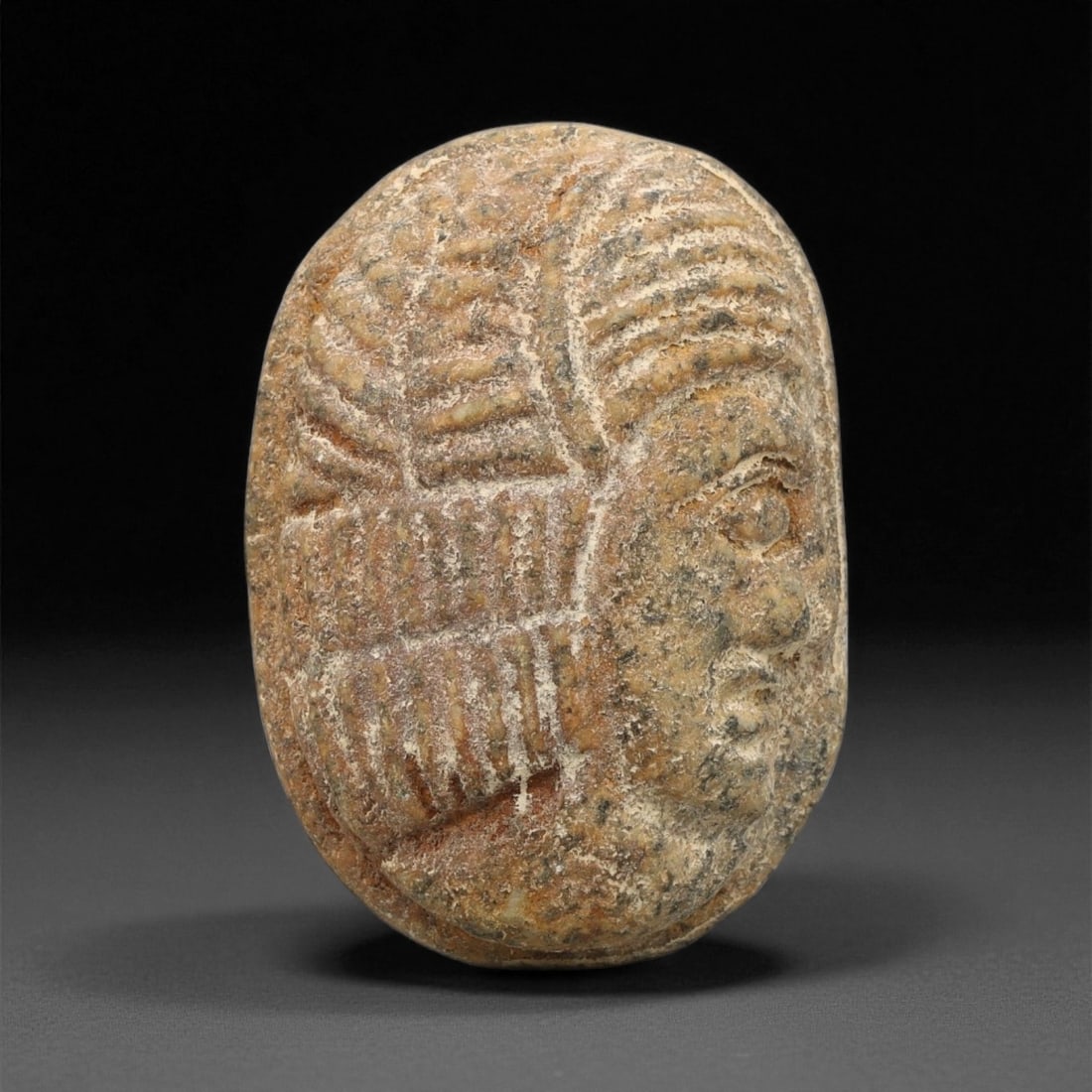 Ancient Early Dynastic Mesopotamian Carved Human Head Sandstone Plaque, c. 2900-2350 BCE 4.2cm, 5ET (1 of 2)