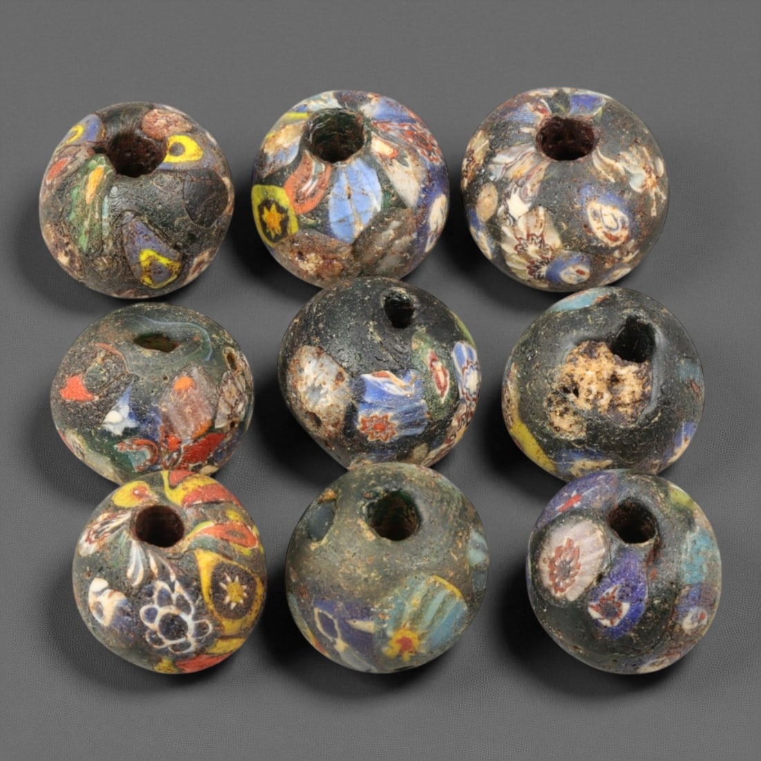 Antique Venetian Millefiori "End-of-the-Day" Glass Beads, c. 19th Century 2 cm, 43EA: These antique Venetian "End-of-the-Day" millefiori beads, produced in the 19th century, exemplify the ingenuity and artistry of Murano glassmakers during Venice's peak export period. Crafted from mult