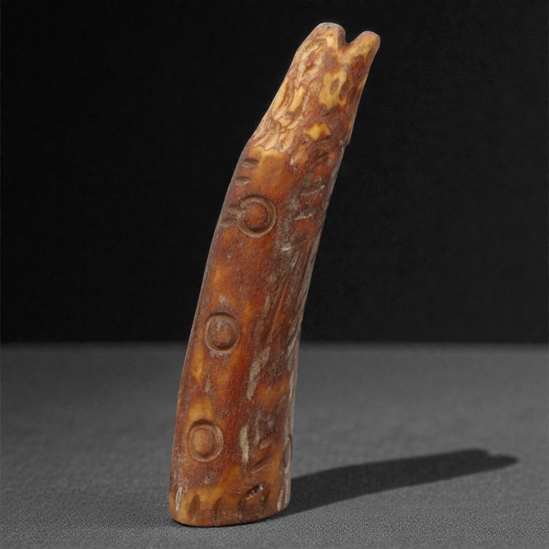 Ancient Coptic Egyptian Zoomorphic Bone Finial, c. 6th-8th Century CE, 8.5cm, 65BE: This rare Coptic Egyptian finial, carved from dense, honey-toned bone, dates to approximately the 6th-8th century CE - a time when Egypt stood at the crossroads of late antiquity and early Christian a