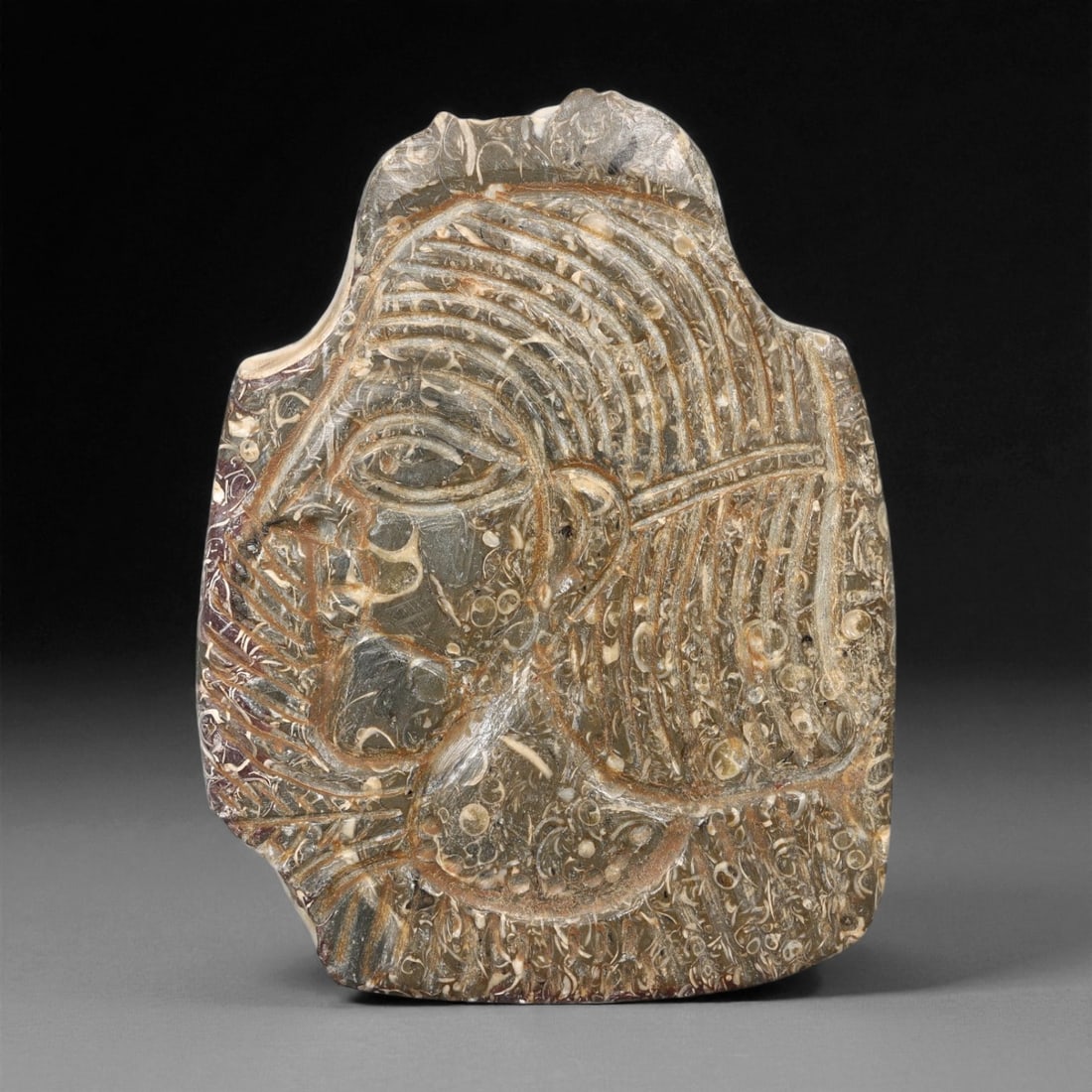Ancient Mesopotamian Fossilized Limestone Male Profile Amulet, c. 2nd Millennium BCE, 7.8cm, 6ER (1 of 2)