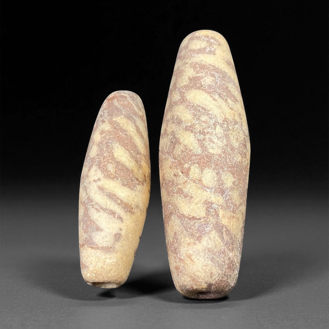 Ancient Indus Valley Fossilized Stone Bead Pair, c. 2600-1900 BCE, 6.2-8.7cm, 24EP (1 of 1)