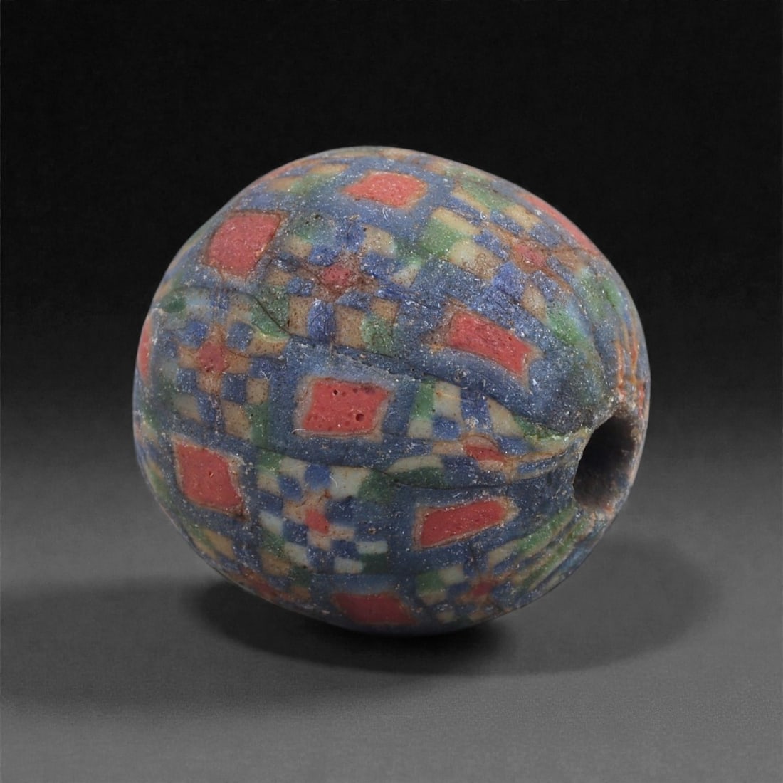 Ancient Egypto-Roman Mosaic Glass Bead - Diamond and Checkerboard Sphere, 22J (1 of 2)