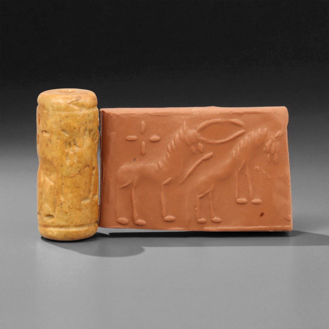 Ancient Near Eastern Stone Cylinder Seal of Mythic Motifs, c. 2nd-1st Millennium BCE, 3.7cm, 62M (1 of 3)