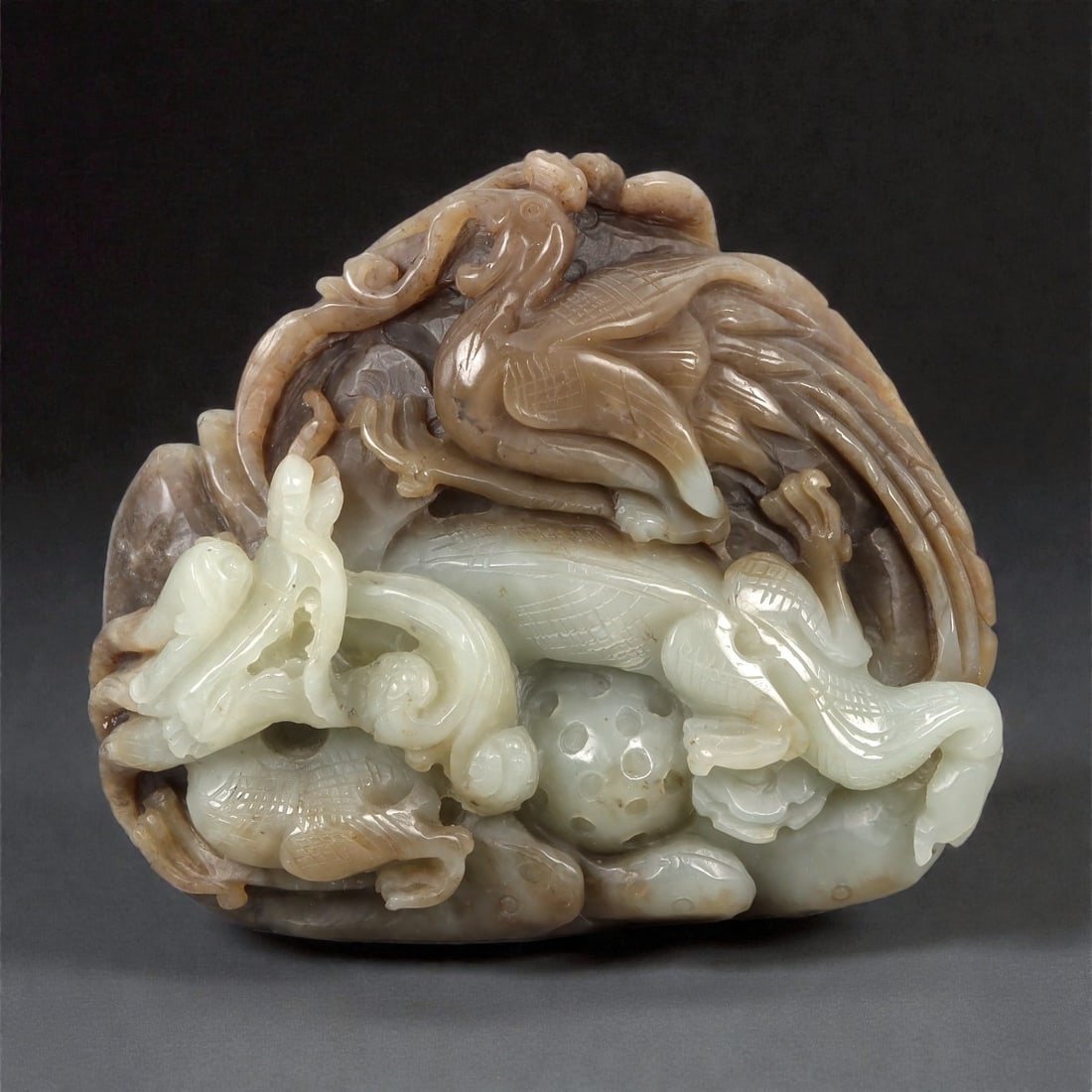 A Chinese Nephrite Jade Dragon and Phoenix Display Group, 20th Century, 30FD (1 of 2)