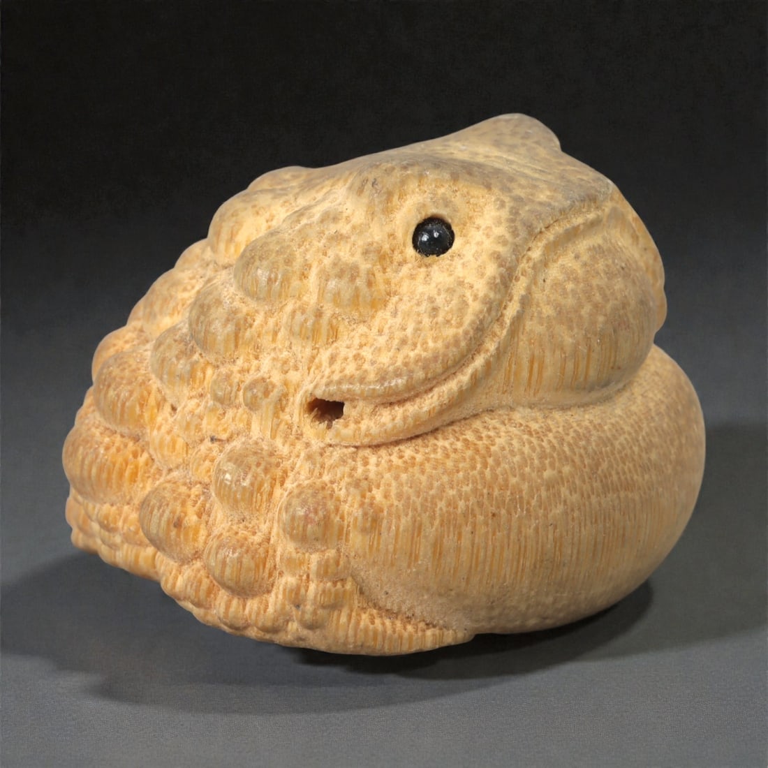 A Chinese Wood Carving of a Frog, 20th Century, 33FC: Carved from light-toned wood with a matte surface and visible grain, the figure represents a frog shown crouched with the body compressed into a compact, rounded form. The head is integrated into the 