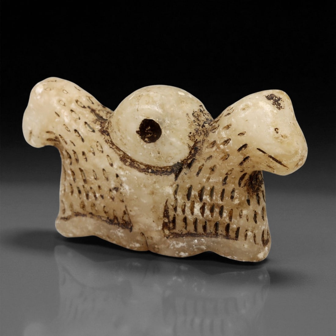 Ancient Akkadian Alabaster Amulet with Twin Feline Heads, c. 2300-2100 BCE, 6cm, 27ER (1 of 2)
