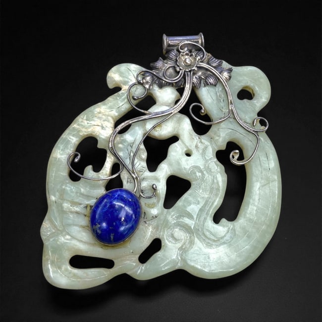 A Chinese Qing Dynasty Openwork Jade Pendant with Silver and Lapis Lazuli Mount, 8A (1 of 2)