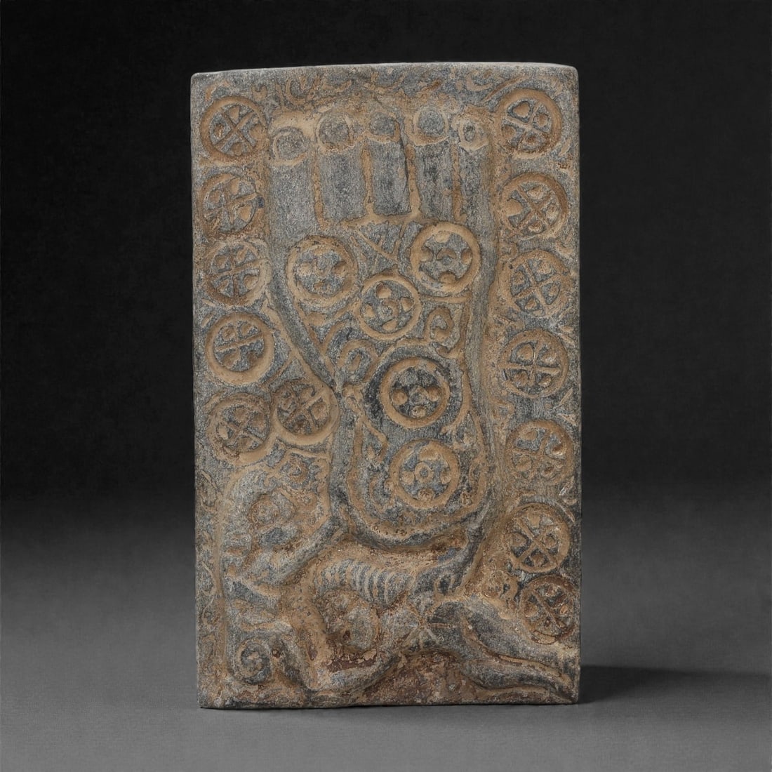 An Indian Stone Buddhapada Plaque, Early Medieval Period, 8th-12th Century CE, 6LM (1 of 2)