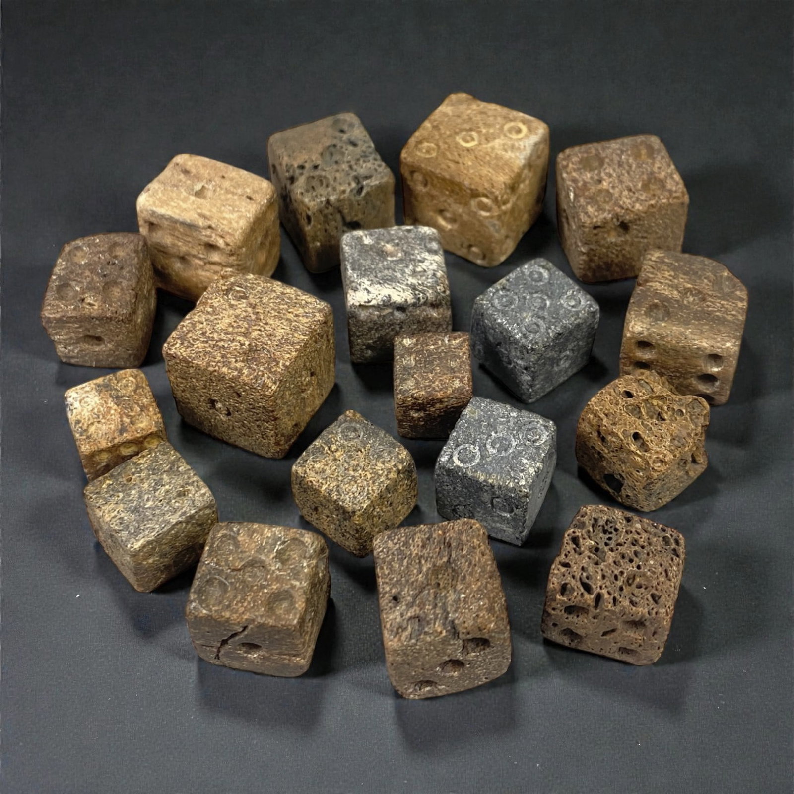 A Group of Roman Bone Dice, 1st-3rd Century CE, 35W: Comprising eighteen small cubic dice carved from bone, the group displays standard six-faced forms with drilled circular pips arranged according to Roman gaming conventions. The dice vary slightly in 