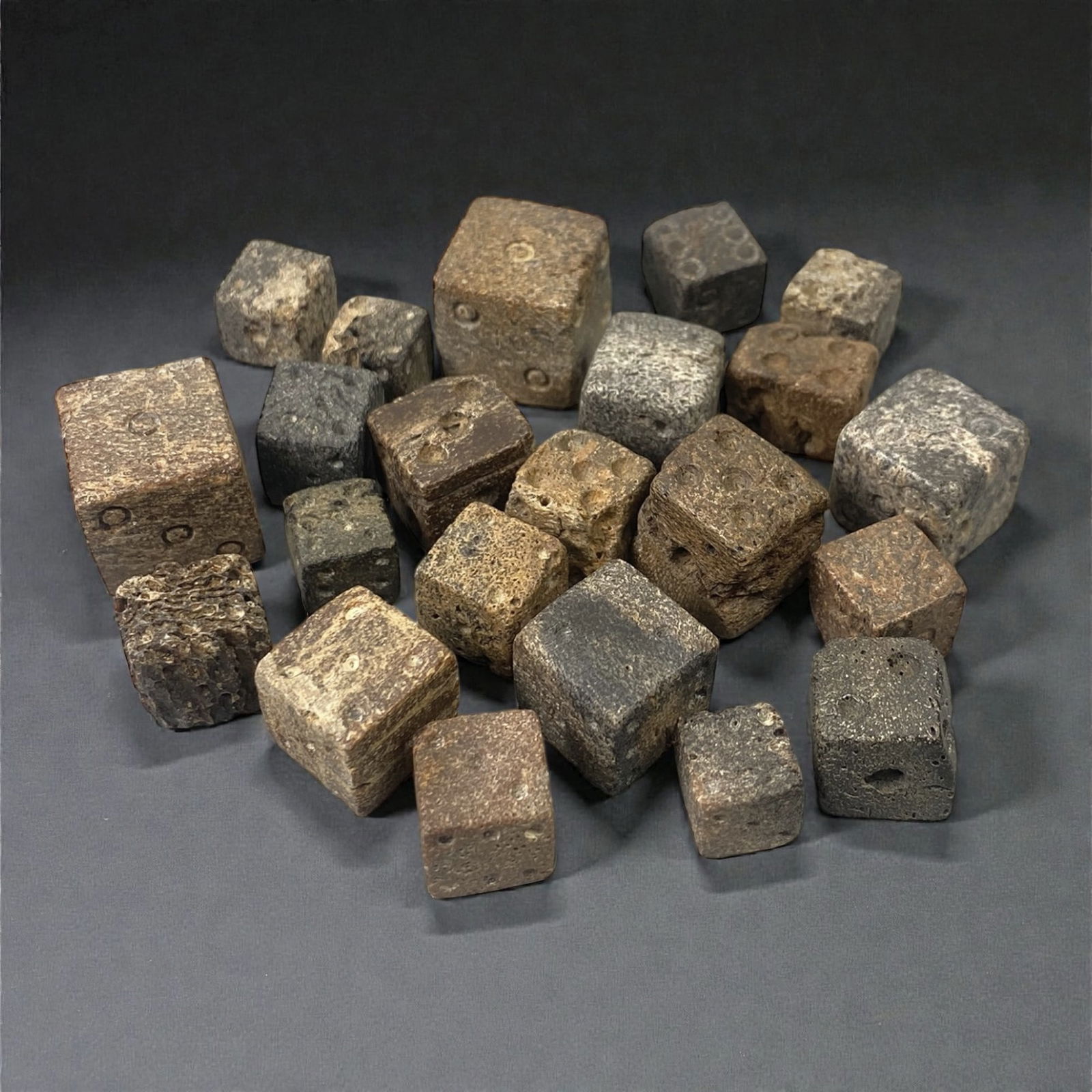 A Group of Roman Bone Dice, 1st-3rd Century CE, 36W: Comprising twenty-two miniature cubic dice carved from bone, the group presents standard six-faced forms with drilled circular pips arranged according to Roman gaming conventions. The dice exhibit a r