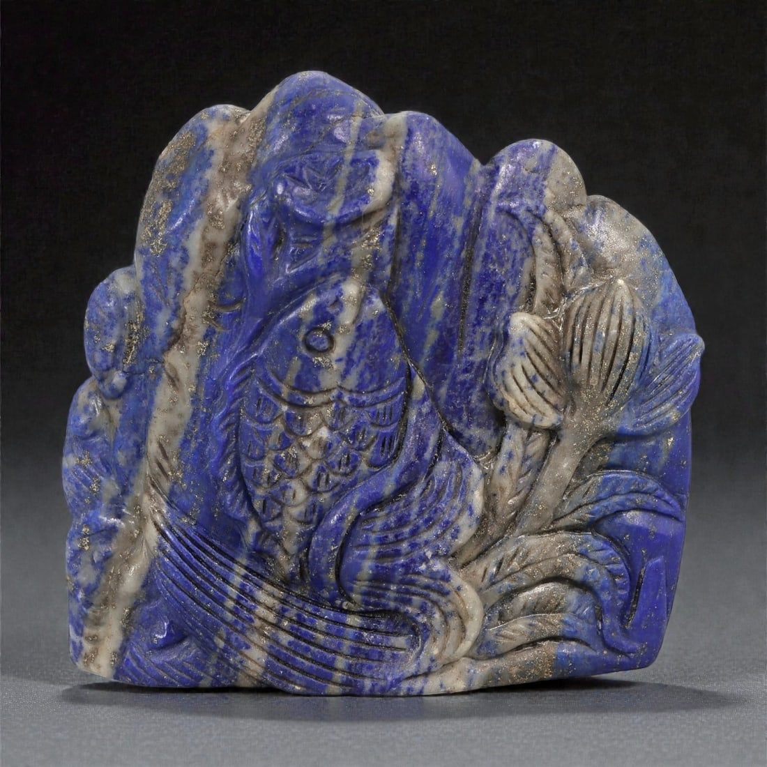 A Chinese Lapis Lazuli Display Carving of Fish and Waves, 20th Century, 32FC (1 of 2)