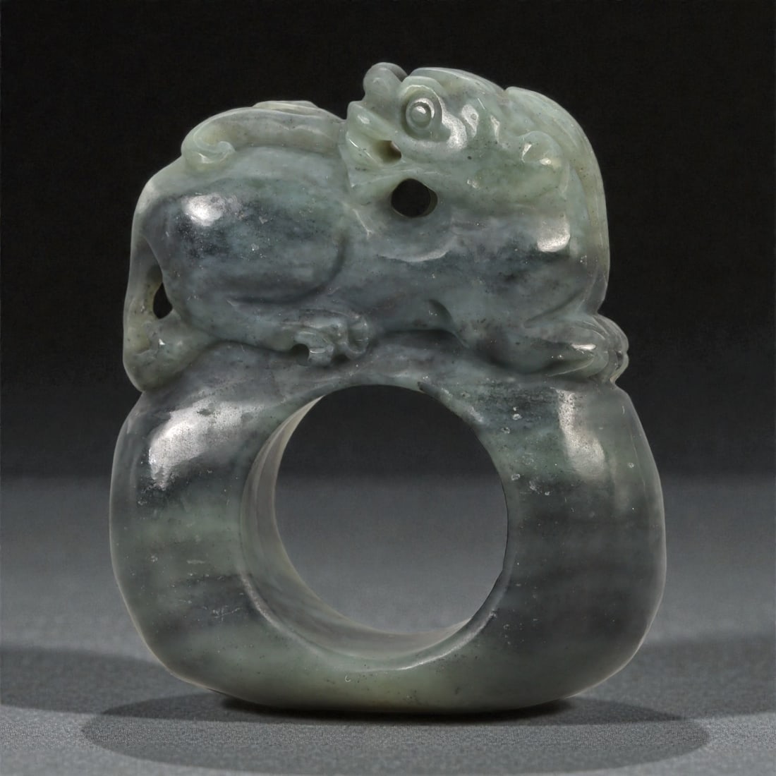 A Chinese Jade Ring with Mythical Beast Carving, 20th Century 12.25 US, 100YA (1 of 3)