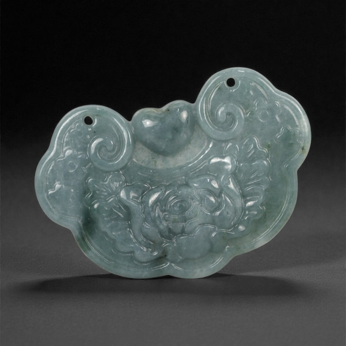Chinese Jade Cloud Pendant - Oriental Floral Amulet, 61ZD, 61ZD: Carved from translucent blue-green jade with a smooth polished surface, this pendant is worked in low relief and shaped as a stylized cloud plaque with softly scalloped edges. The composition centers