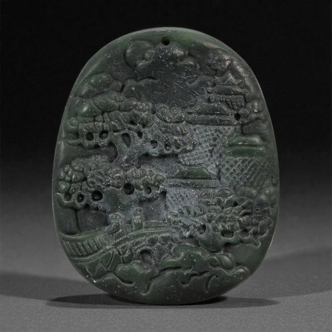 A Chinese Dark Green Jade Carved Plaque, 20th Century, 90FD (1 of 2)
