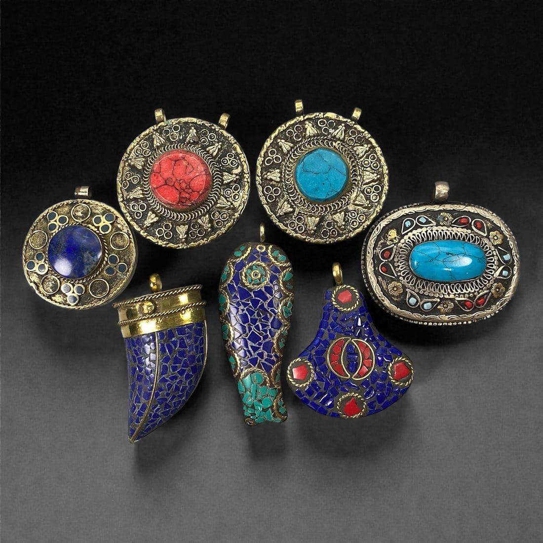 A Group of Seven Himalayan Gilt-Metal and Stone-Inset Pendants, 20th Century, 2XJ (1 of 2)