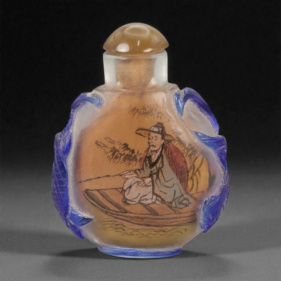 A Chinese Glass Inside-Painted Snuff Bottle, Qing Dynasty Style, 20th Century, 3FG: The bottle is formed from translucent glass with a flattened ovoid body, a short cylindrical neck, and a slightly recessed circular foot. The shoulders and sides are overlaid with molded blue glass el
