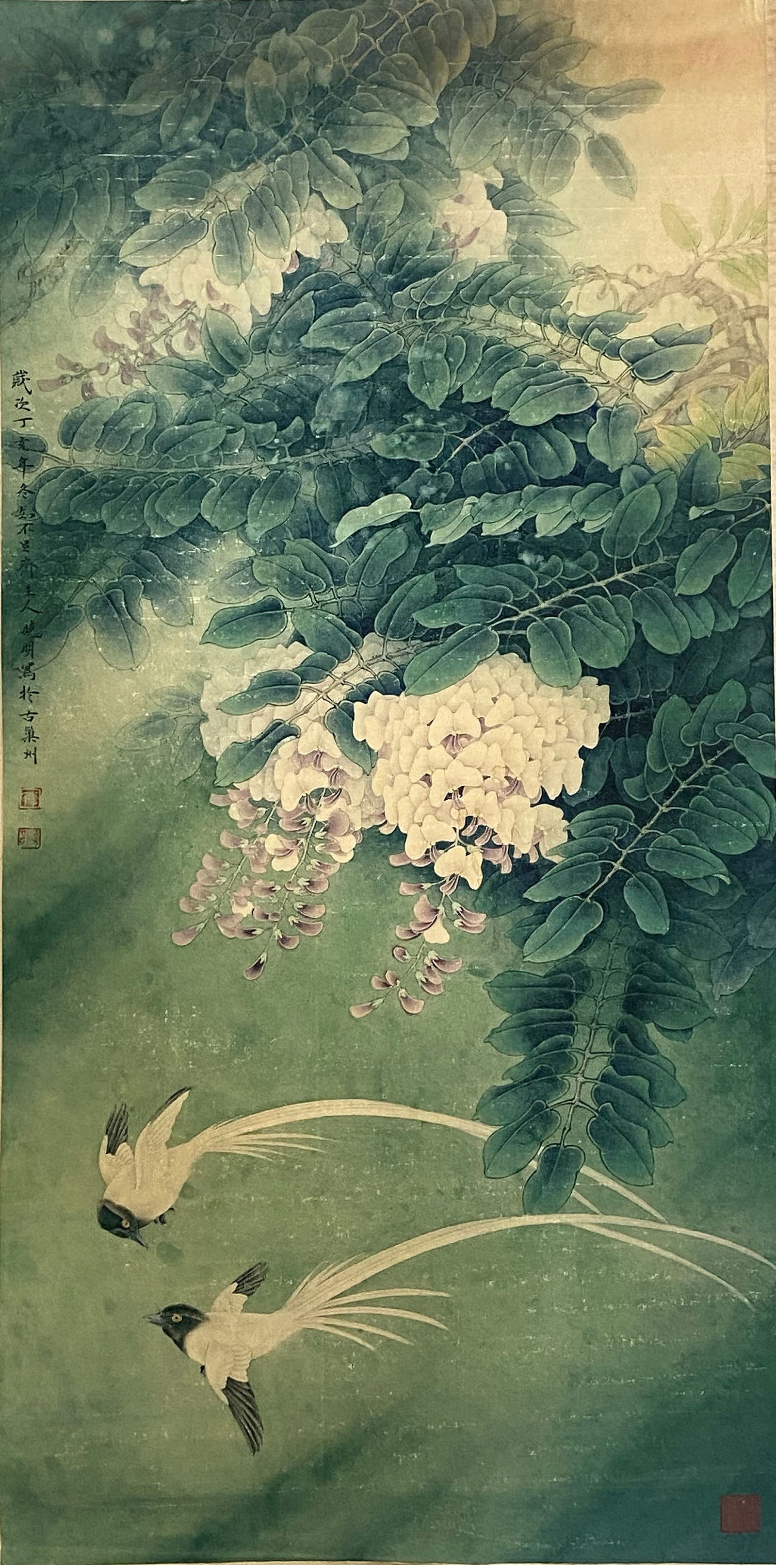 A Chinese Ink and Color Art Print of Paradise Flycatchers and Wisteria, 20th Century, 2FK (1 of 2)