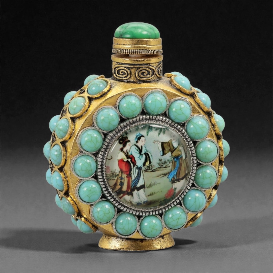 A Chinese Brass-Mounted Snuff Bottle with Figural Insert, 20th Century, 24FG (1 of 2)