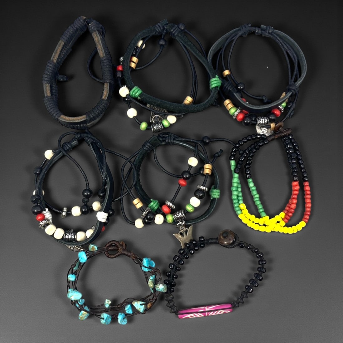 A Group of Eight Leather and Beaded Bracelets, Late 20th-Early 21st Century, 33ZG (1 of 1)