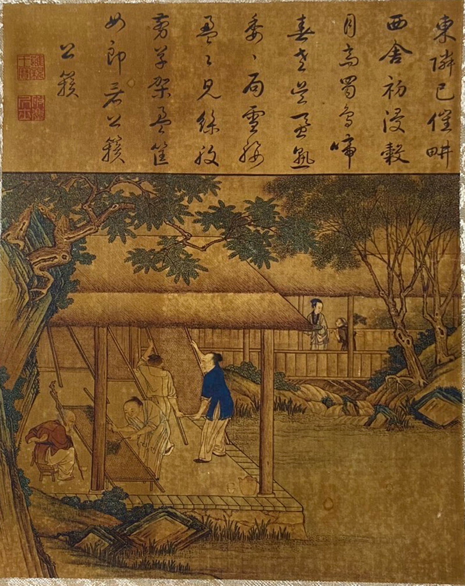 A Chinese Ink and Color Textile Print, Husking Grain, 20th Century, 86FJ (1 of 2)