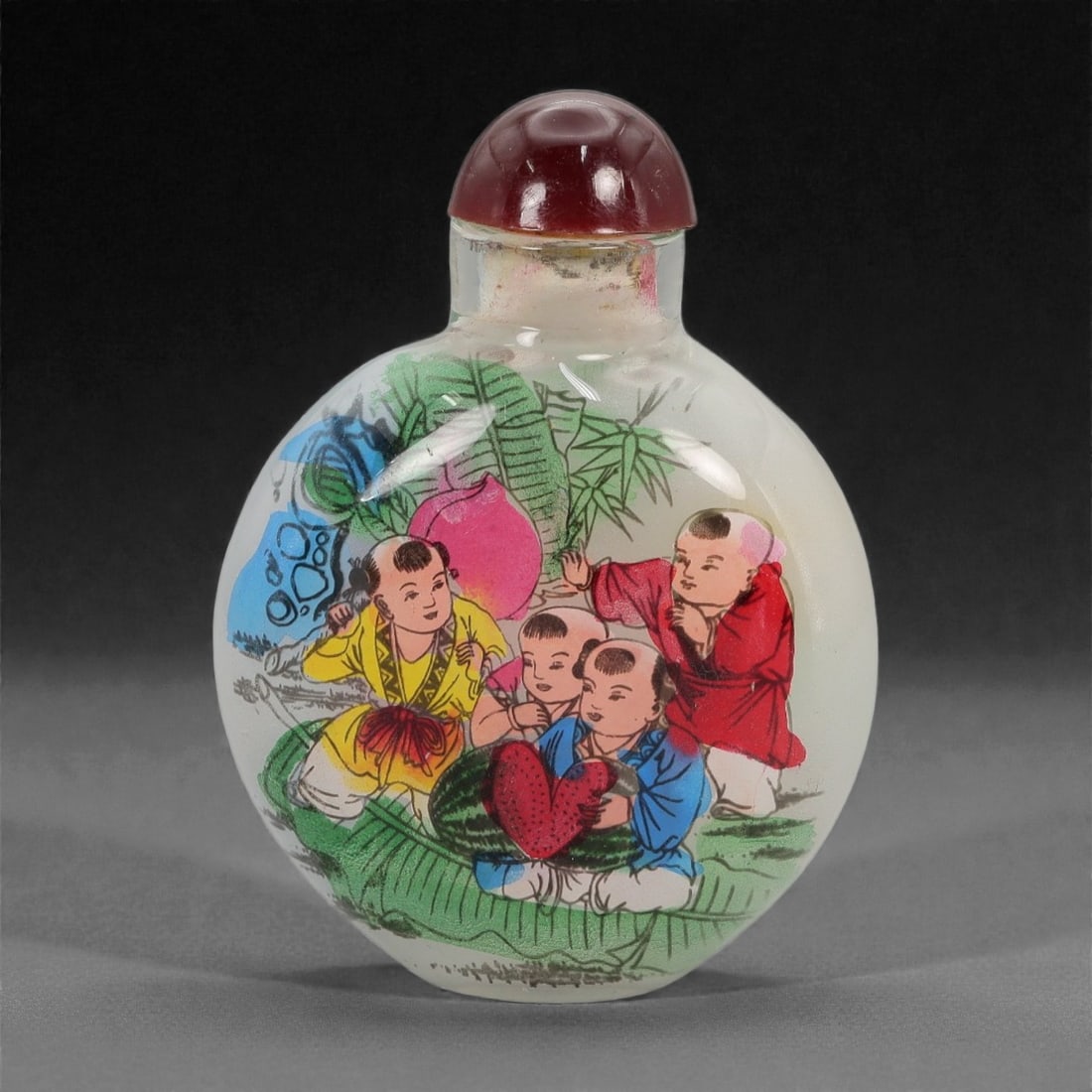 A Chinese Glass Inside-Painted Snuff Bottle, 20th Century, 40FG: The snuff bottle is formed from translucent glass with a flattened rounded body, a short cylindrical neck, and a slightly recessed circular foot. The interior is painted in ink and color, depicting a