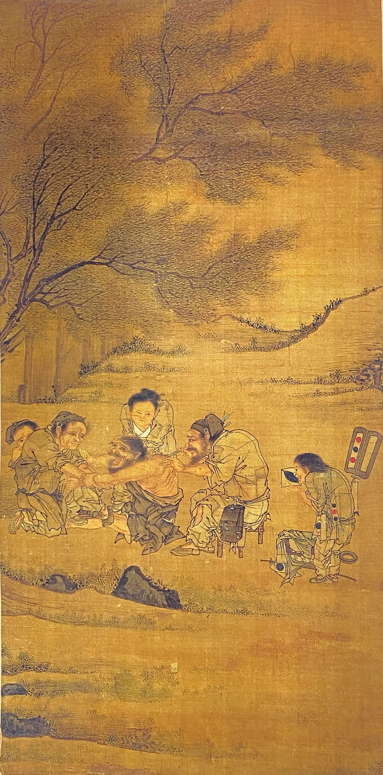 A Chinese Ink and Color Art Print of Physicians Treating a Patient, 20th Century, 21FK: Produced using fine art printing processes on aged paper stock, the work is an ink and color art print depicting a scene of traditional Chinese medical practice. The composition features several figur