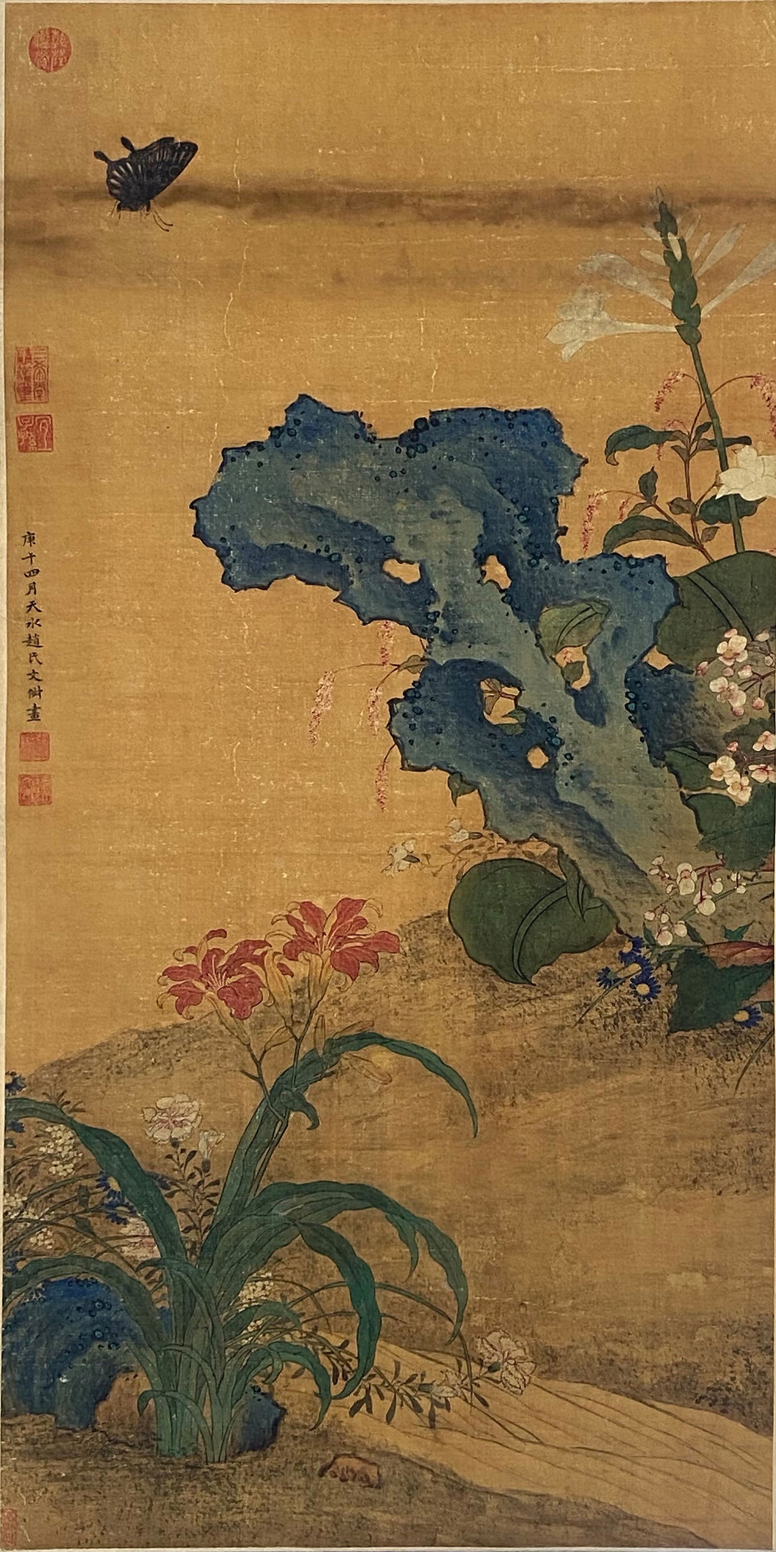 A Chinese Ink and Color Art Print of Scholar's Rock and Floral Motifs, 20th Century, 15FK: Produced using fine art printing processes on aged paper stock, the work is an ink and color art print executed in the traditional Chinese bird-and-flower painting idiom. The composition features a la