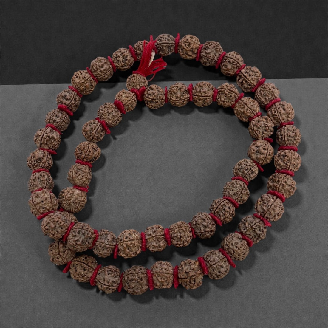 An Antique Indian Rudraksha Seed Bead Mala, 19th Century, 151g, 26AA: Composed of natural rudraksha seeds, strung with red cotton thread separators and finished with a traditional red tassel. Rudraksha seeds are sacred in Hindu and Buddhist traditions, believed to posse
